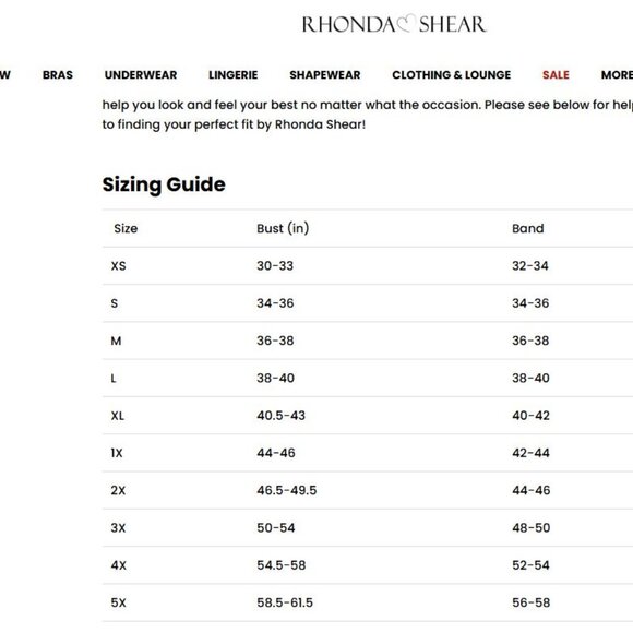 RHONDA SHEAR BRA SIZING INFORMATION - Picture 1 of 1